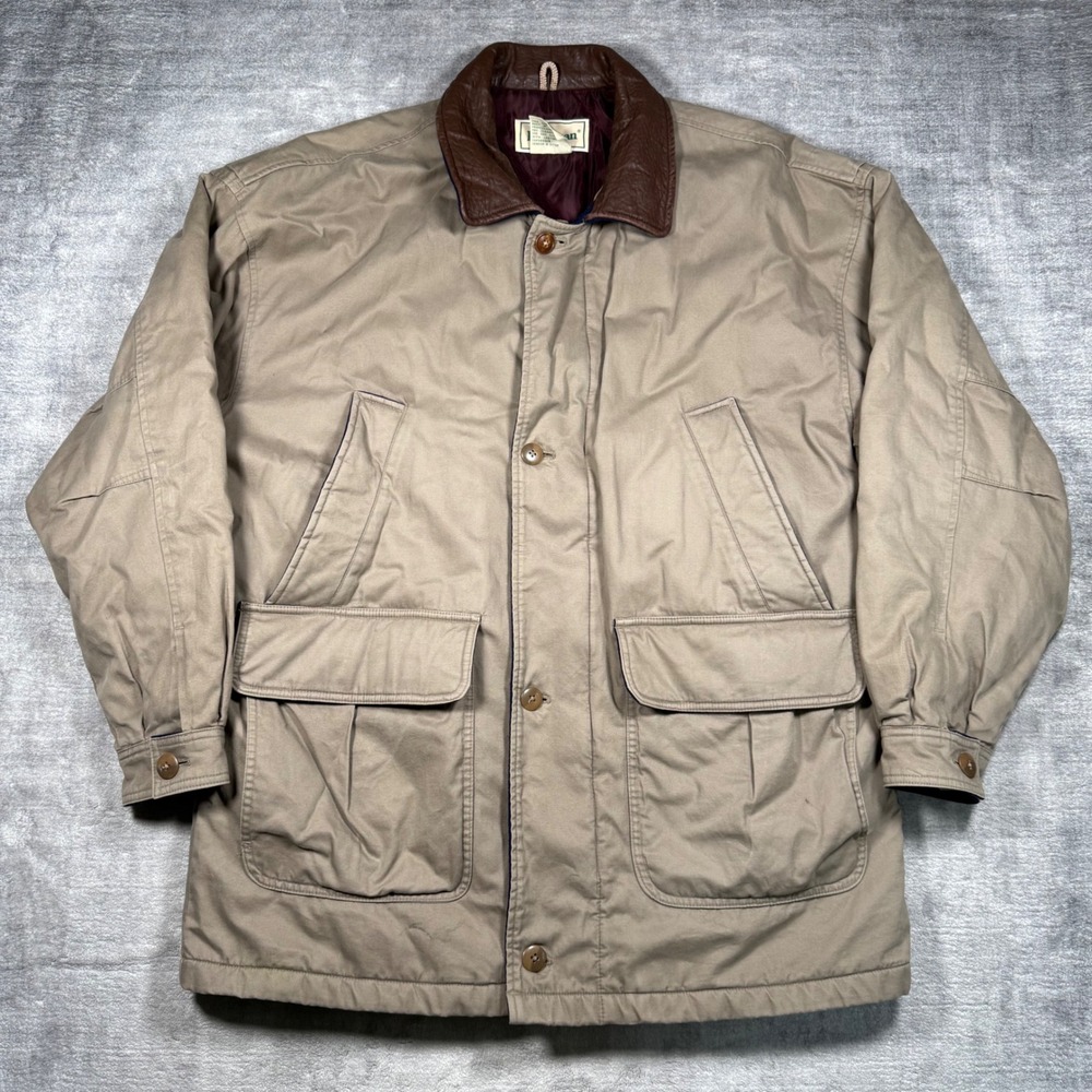 L.L. Bean Jacket Men Large Tan Vintage Field Barn Chore Leather Trim Outdoors